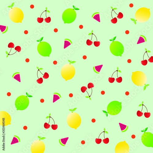 Fototapeta Naklejka Na Ścianę i Meble -  Fruit pattern.Cute fresh mix fruits (Lemon ,Lime ,Cherry ,Watermelon slice) isolated on green mint background.Design for print screen backdrop ,Fabric and tile wallpaper.Cartoon fruits.Summer concept
