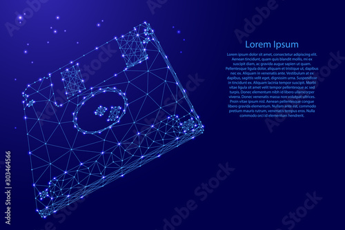Floppy disk magnetic data from futuristic polygonal blue lines and glowing stars for banner, poster, greeting card. Vector illustration.