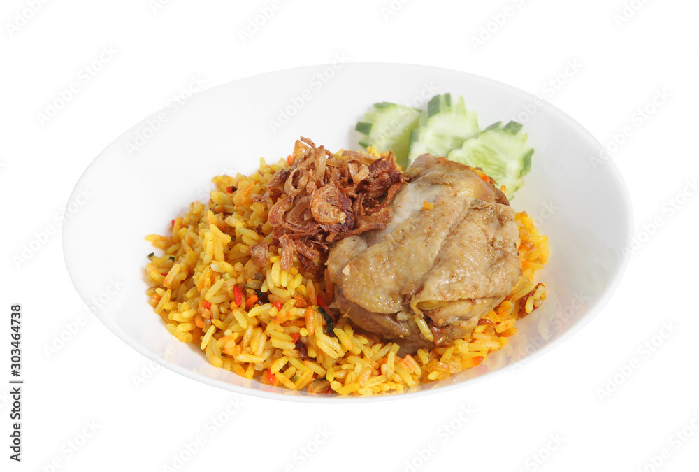 muslim rice with chicken from herb isolated on white background, Muslim food in ceramic dish muslim rice with chicken from herb isolated on white background, Muslim food in ceramic dish