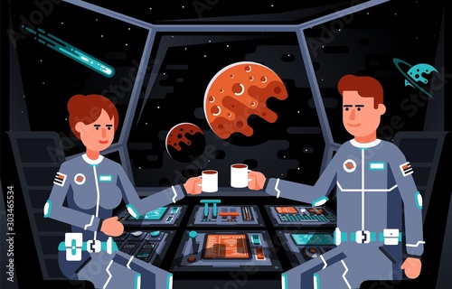 Astronauts in the cockpit of spaceship. Man and woman crew of the spacecraft approaching Mars. Control panel of space shuttle. Vector illustration.