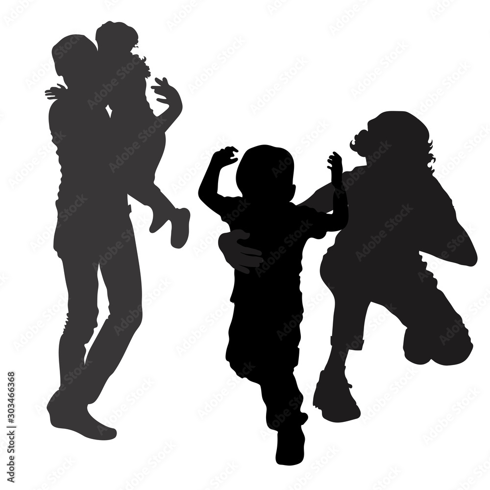 Vector silhouettes of parents with young children. The little girl in her father’s arms is joyful from happiness. Little boy runs away from mom. A young woman is trying to keep the baby.