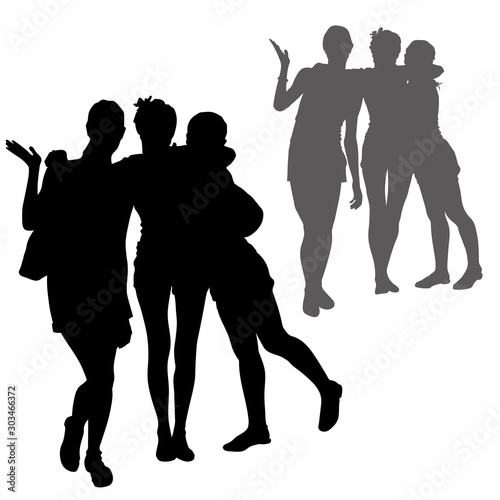Vector silhouettes of three girlfriends. 3 young, slender women posing hugging each other. Girls in shorts, theme of travel, tourism, female friendship, vacation