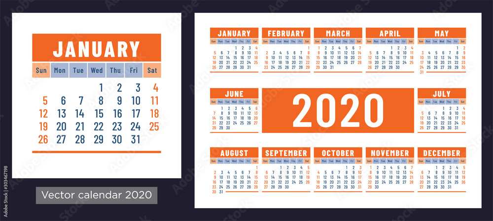 Calendar 2020 vector pocket basic grid. Simple design template. Color calender. New year Calendar 2020 vector pocket basic grid. Simple design template. Color calender. New year