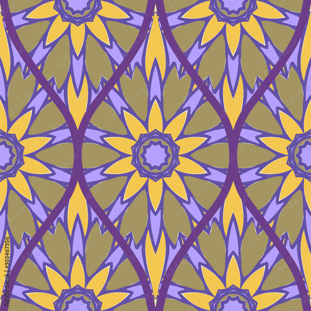 Decorative Colorful Floral Ornament With Decorative Border. Ethnic Seamless Decoration. Vector illustration/ Brown purple color