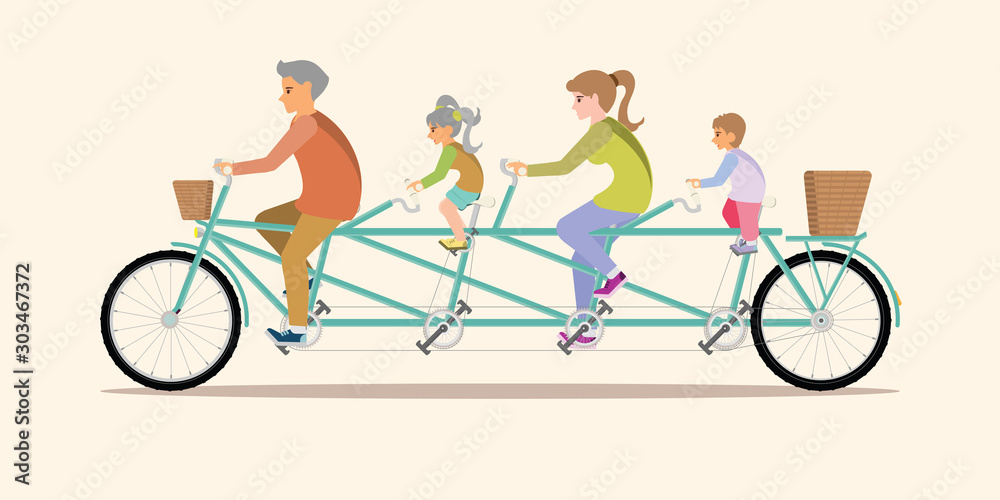 Happy family cycling tandem bicycle isolated on background. Happy family cycling tandem bicycle isolated on background.