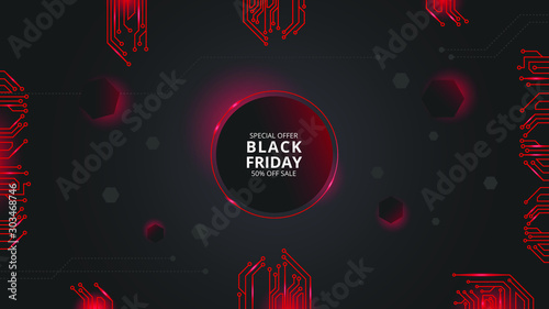 Black friday sale banner template technology design with light circuit board illustration vesctor. modern minimalist digital data concept for internet marketing or digital marketing. EPS 10