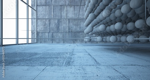 Abstract architectural concrete interior from an array of spheres with large windows. 3D illustration and rendering.