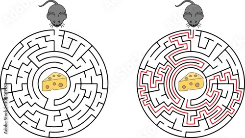 Cartoon Vector Illustration of Education Maze or Labyrinth Game for Preschool Children with Funny Mouse and Cheese