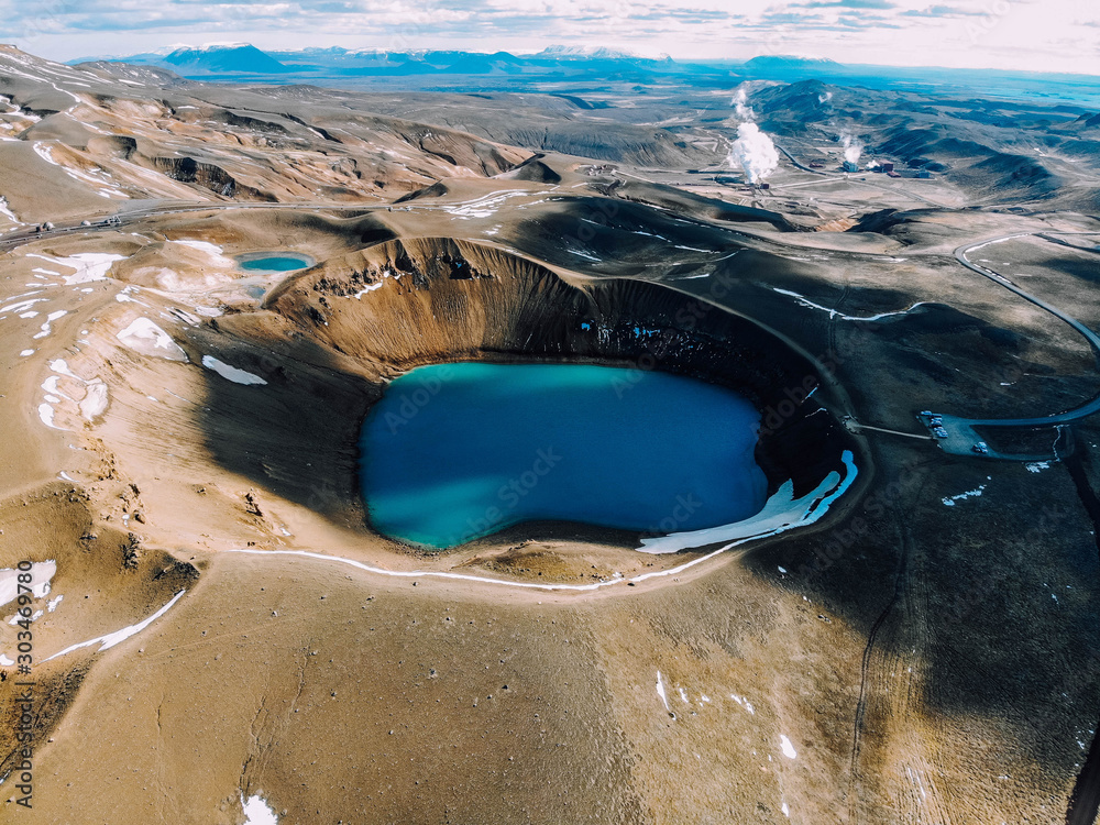 Wall Mural Aerial view of Krafla caldera in the summer with turquoise water in it