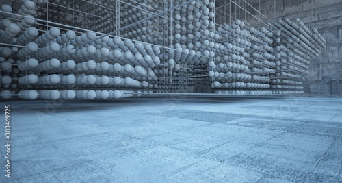 Abstract architectural concrete interior from an array of spheres with large windows. 3D illustration and rendering.