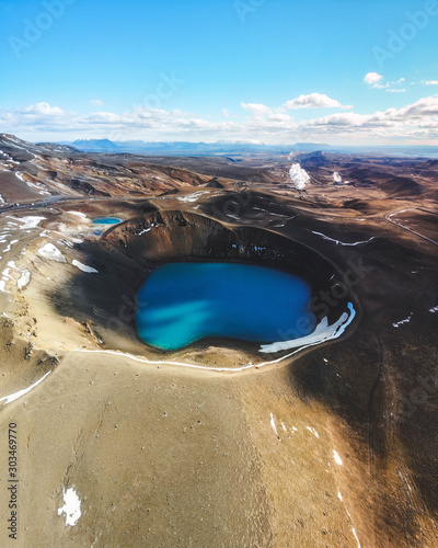 Fotografie Aerial view of Krafla caldera in the summer with turquoise water in it