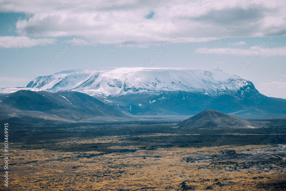Zoomed in view of volcano from Hverfjall volcanic crater near Myvatn, Iceland in the summer