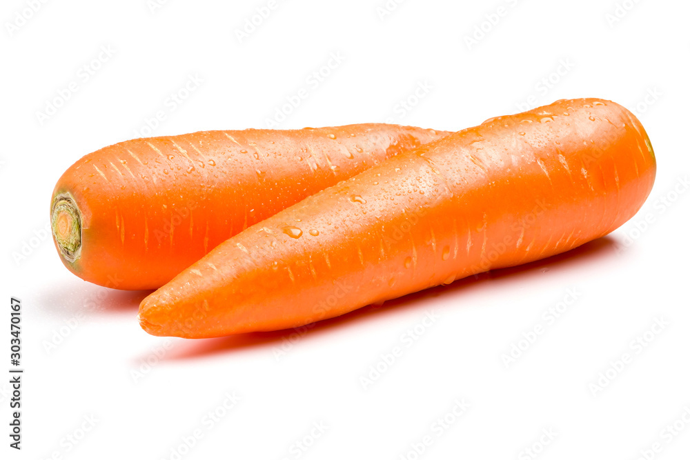 Two raw carrots with water drop on white background. Two raw carrots with water drop on white background.