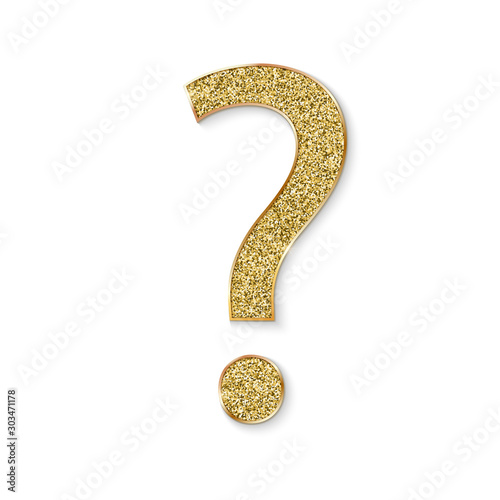 Mark of question with golden dust. FAQ button. Asking questions. Ask for help. Question mark stamp with golden glitter. Need information. Query. 3d vector illustration, EPS10.