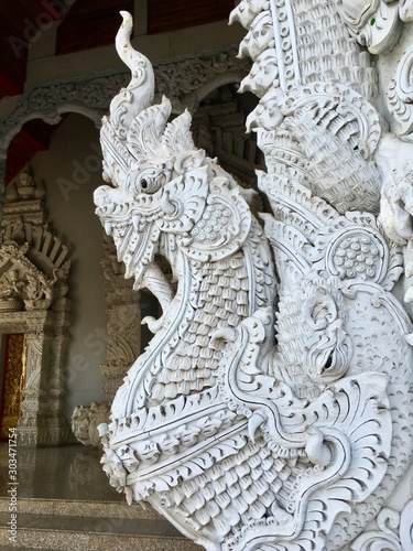 Beautiful finely of Ancient King of Naga statue, traditional Thai style decorative in temple 