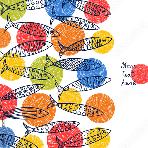 Lovely sardines. Postcard with fish and polka dots.