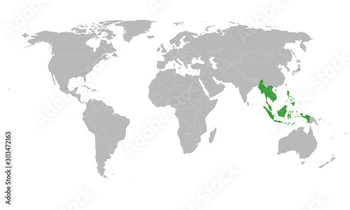 ASEAN countries highlighted green color on world map vector