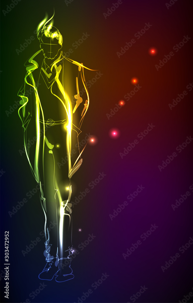 Hand-drawn fashion model from a neon. A light men. Fashion men. Stylish fashion model. Fashion illustration Hand-drawn fashion model from a neon. A light men. Fashion men. Stylish fashion model. Fashion illustration