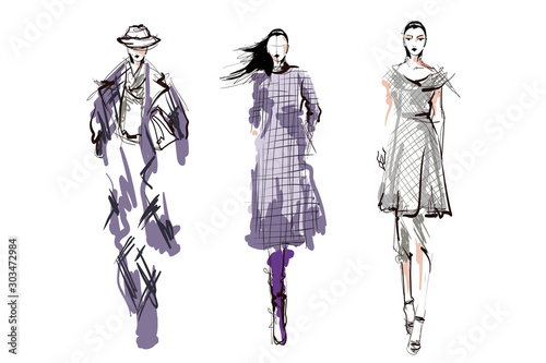 Beautiful young women. Hand drawn stylish woman portrait. Fashion lady. Winter outfit. Sketch. Fashion model posing in coat. Hand drawn fashion woman.