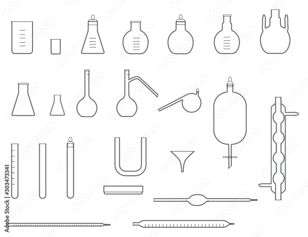 A set of flat linear icons of laboratory utensils. Isolated vector icons of laboratory flasks and accessories A set of flat linear icons of laboratory utensils. Isolated vector icons of laboratory flasks and accessories