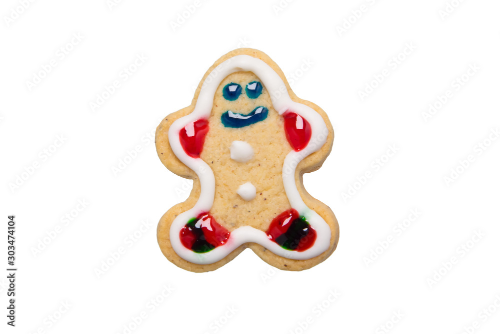 on a white background, close-up, cookies in the shape of a snowman, decorated with colored icing on a white background, close-up, cookies in the shape of a snowman, decorated with colored icing