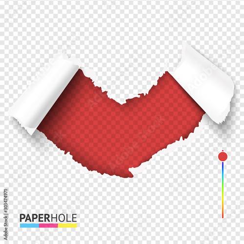 Bright red torn off cardboard heart shape hole on transparent background for loving poster. Colorful rip edge paper hole banner for kiss, love ect. concepts.