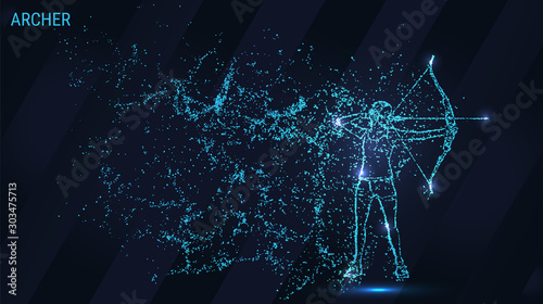 Archer of the particles. Archer consists of dots and circles. Blue Archer on dark background