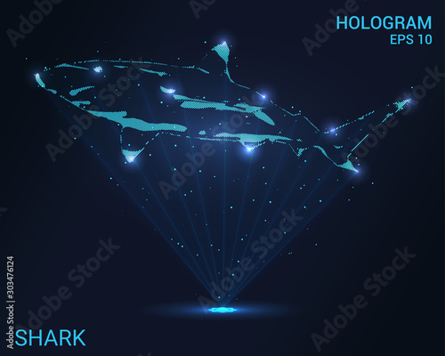 Hologram shark. A holographic projection of a shark. Flickering energy flux of particles. Scientific design water world.