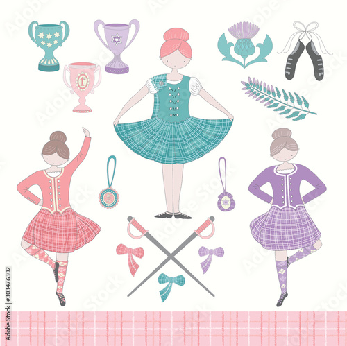 Scottish Highland dancing girls and equipment vector set.
