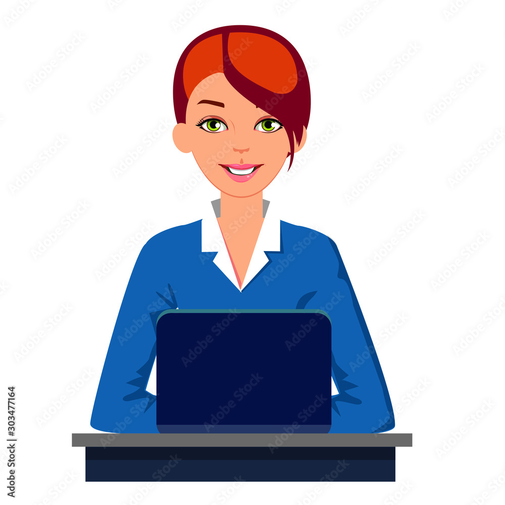 vector flat illustration of woman office worker with laptop vector flat illustration of woman office worker with laptop