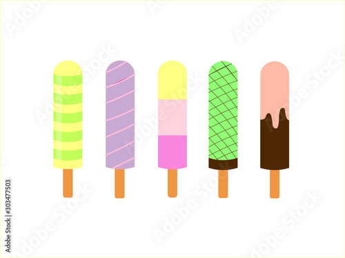 Icon rainbow vanilla ice cream collection set on wooden strick in different flavour isolated on white background.Vector.