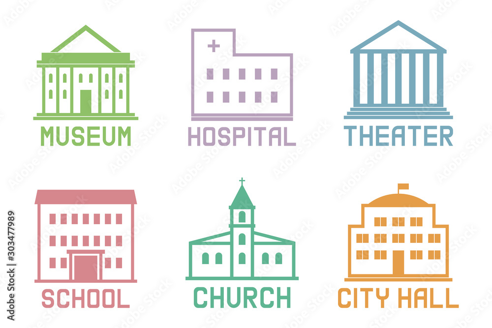 Set of municipal buildings with captions. Vector illustration.