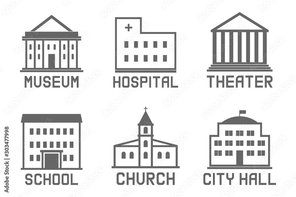 Set of municipal buildings on white background. Vector illustration.