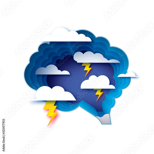 Brainstorm paper cut style. Origami brain and a lightning storm. Thinking process, good idea, brain activity, insight. Creative power of human ideas and creation.