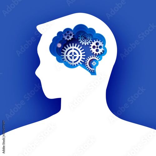 Thinking man in paper cut style. Origami Brainstorming. Brain, gears and cogs working together. Origami brain and thinking process, good idea, brain activity, insight. Blue background.