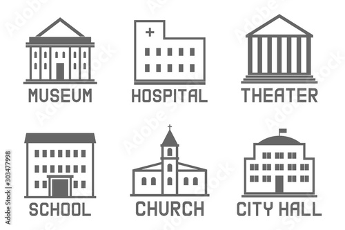 Set of municipal buildings on white background. Vector illustration.