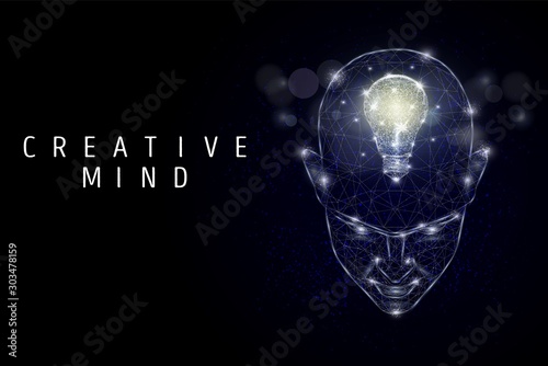 Creative mind poster, banner template, vector polygonal art style illustration
