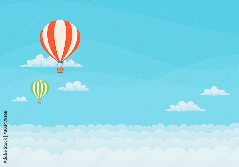Two hot air balloons flying in the blue sky with clouds in the background. Poster, greeting card design template. Two hot air balloons flying in the blue sky with clouds in the background. Poster, greeting card design template.