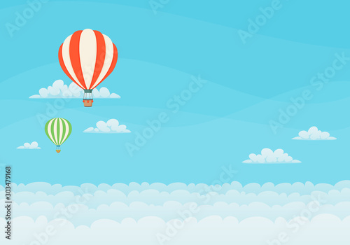 Two hot air balloons flying in the blue sky with clouds in the background. Poster, greeting card design template.