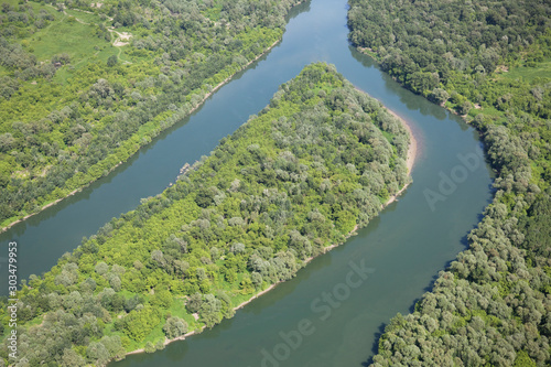 Aerial view of island in the Sava River, Croatia