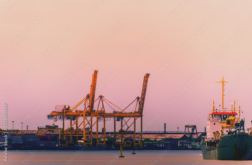Obraz premium Logistics and transportation of International Container Cargo ship in the ocean at Sunshine sky, Freight Transportation, Shipping