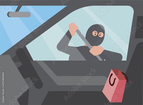 car thief trying to break into a car with shopping bag, view from inside car flat illustration editable vector