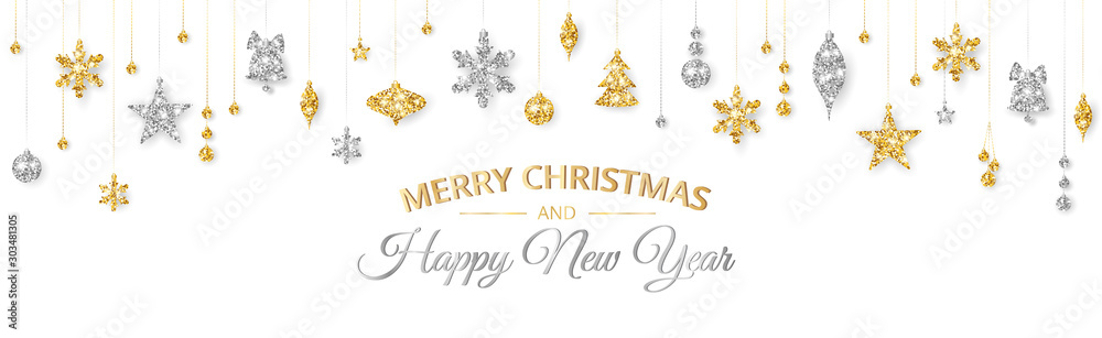 Merry Christmas banner with gold and silver decoration on white background
