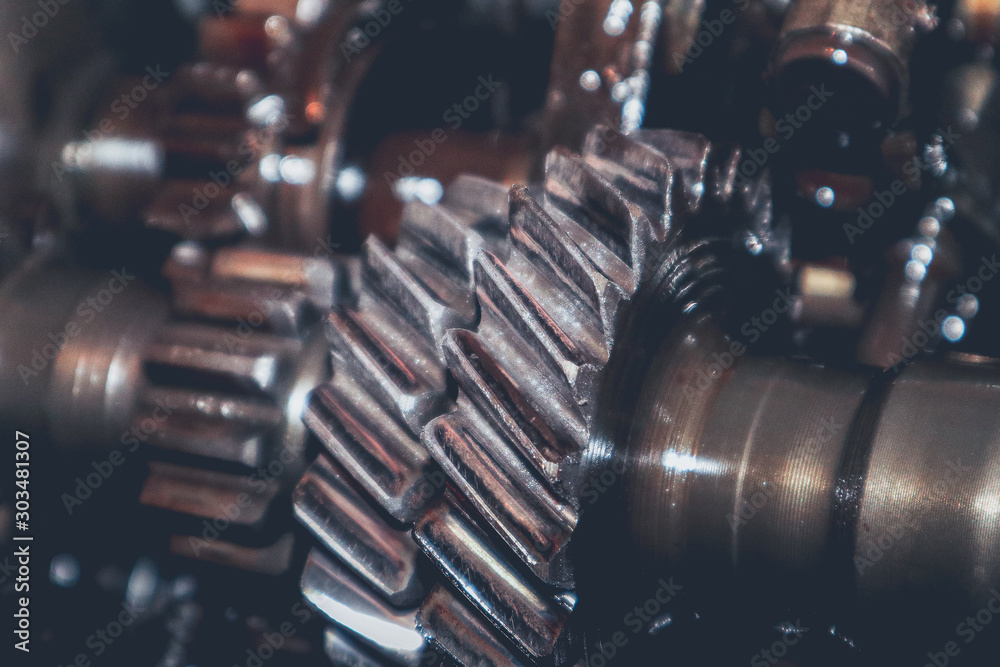 Interior of a worn and used car gearbox. - obrazy, fototapety, plakaty 