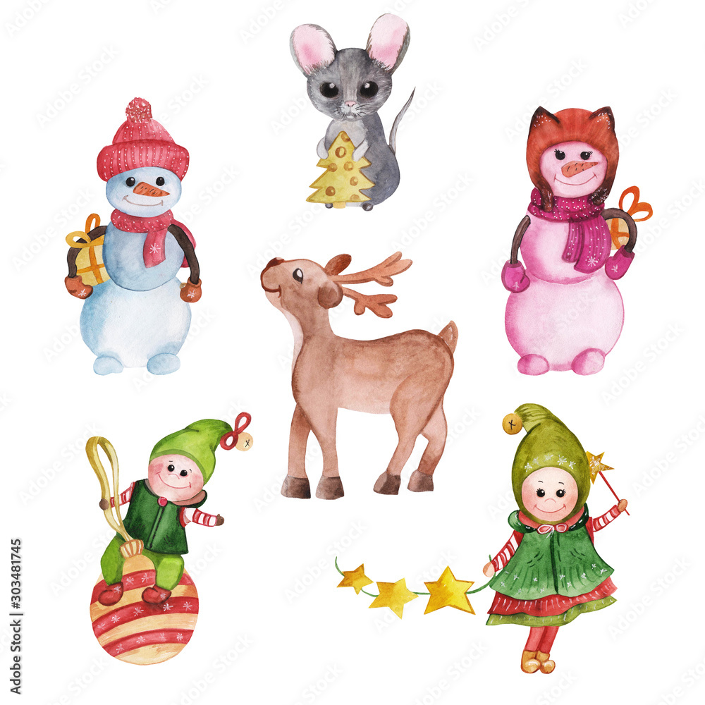 Set of snowmen, Christmas elves, a mouse with a Christmas tree made of cheese and a cute reindeer. Christmas illustrations, isolated on white,hand-painted in watercolor,for cards, patterns,decoration Set of snowmen, Christmas elves, a mouse with a Christmas tree made of cheese and a cute reindeer. Christmas illustrations, isolated on white,hand-painted in watercolor,for cards, patterns,decoration