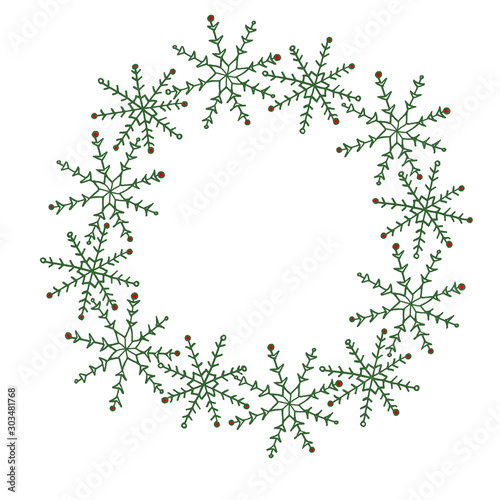 Xmas and new year simple wreath of snowflakes. For greeting card  Merry Christmas. Background for winter holidays.