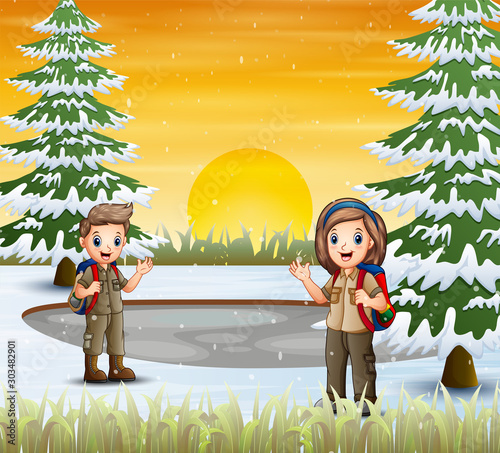 The scouts on winter landscape