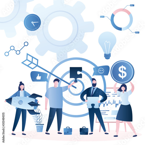 Business people with various business elements and signs. Successful negotiations concept.