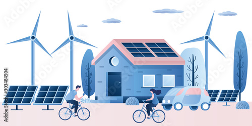 Clean energy and smart technology background. Windmills, rooftop solar panel house and electric car.