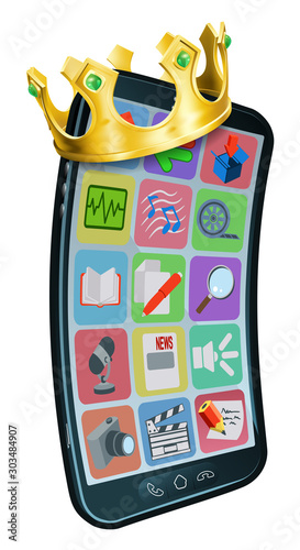 A mobile phone cartoon character mascot wearing a gold king crown